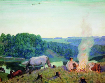 fireplace night 1916 Boris Mikhailovich Kustodiev plan scenes landscape Oil Paintings